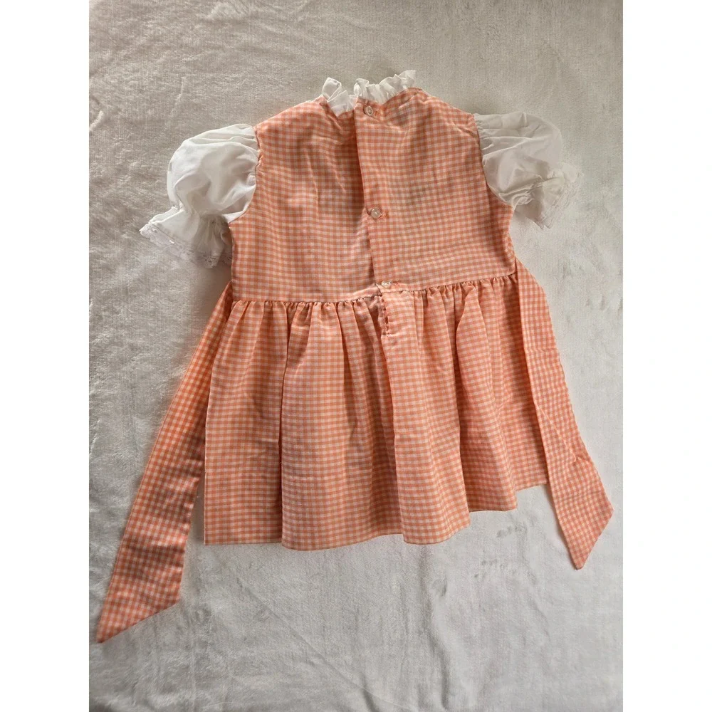 Polly Flinders Vintage Girls Orange Gingham Hand Smocked Dress Size T4 Lace Trim